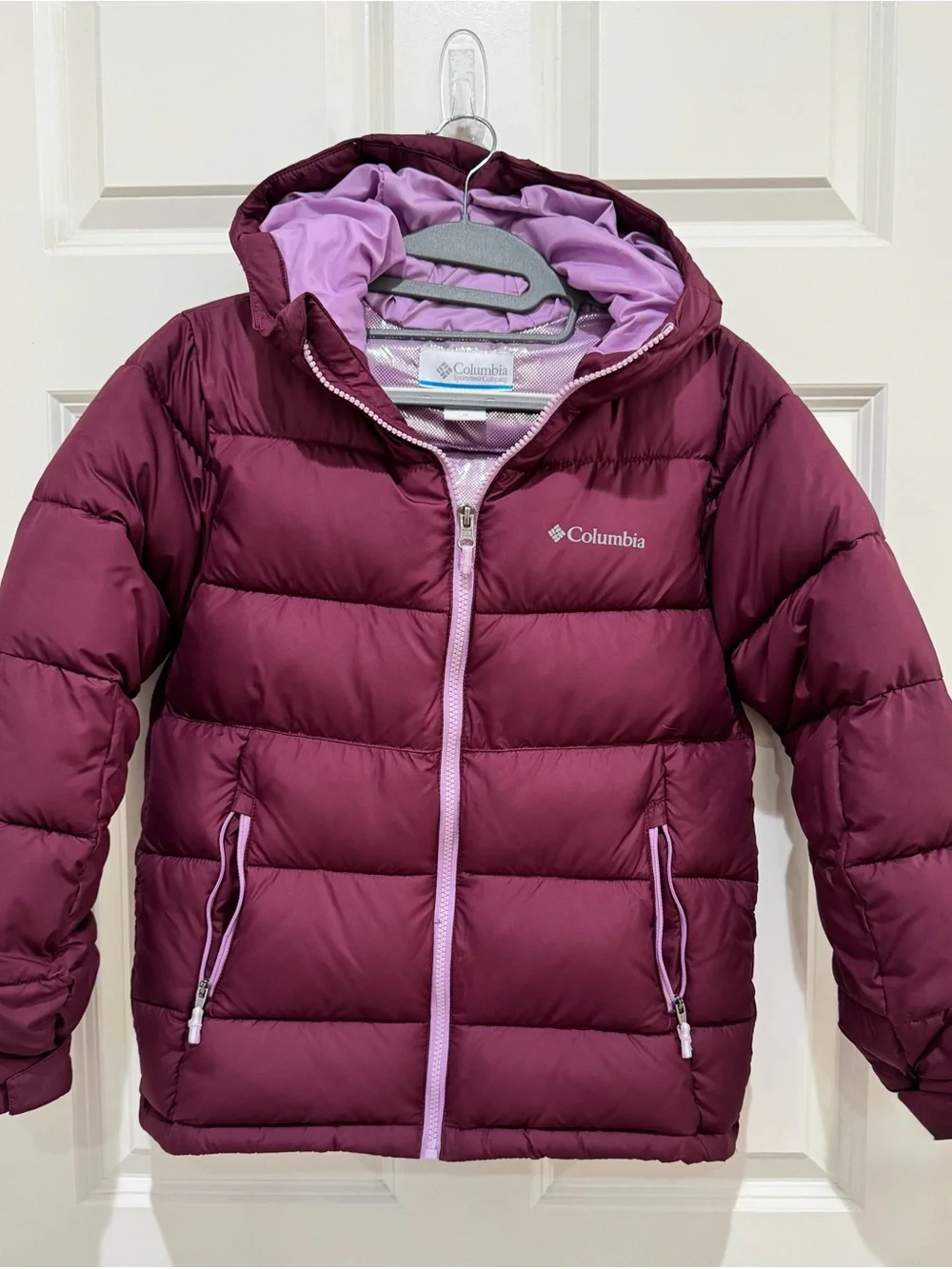 Columbia Girls' Maroon Puffer Jacket Lavender Lining Omni-Heat Size M (8/10)